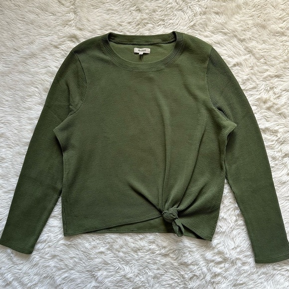 Madewell Top Elwood Knot Front Long Sleeve Jacquard Palm Tree Green XXL NWOT - Picture 5 of 13